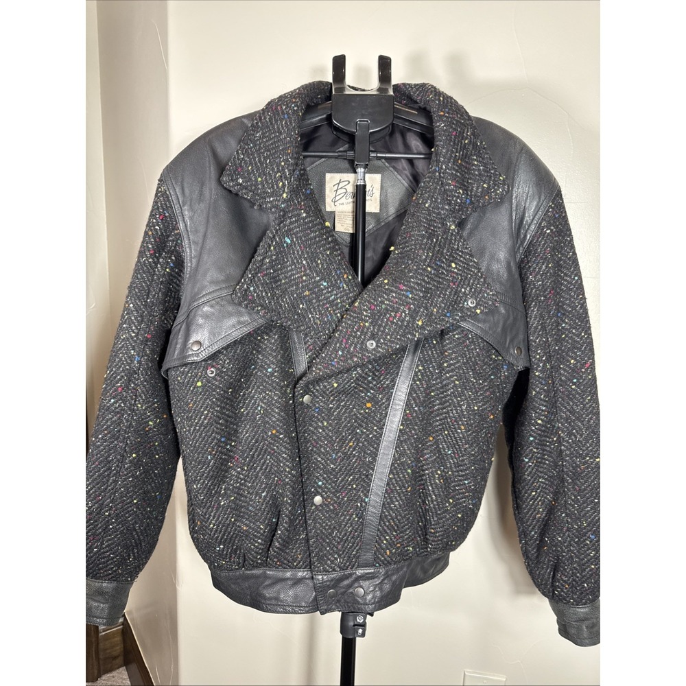 Vintage Berman's Leather Wool Jacket Mens XL Uruguay Donegal Tweed 80s 90s